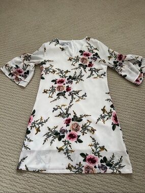 Floral V-Neck White Dress with Pink Rose Print